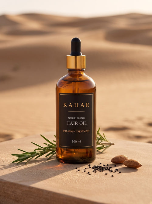 KAHAR Nourishing Hair Oil on a sandstone slab with rosemary, black cumin seeds and almonds in warm desert light