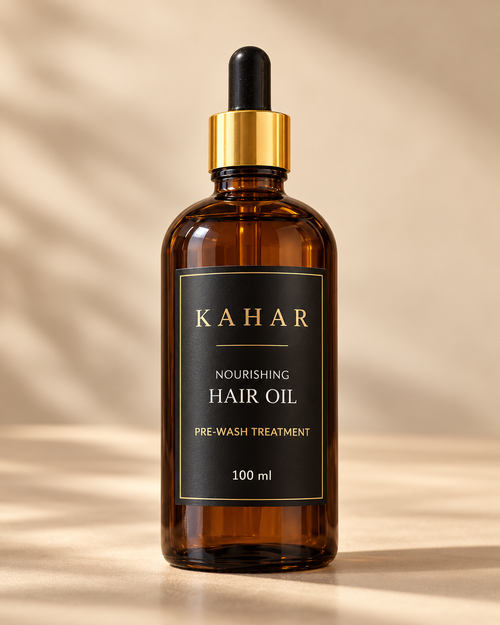 KAHAR Nourishing Hair Oil 100 ml in an amber glass bottle with gold dropper, front view